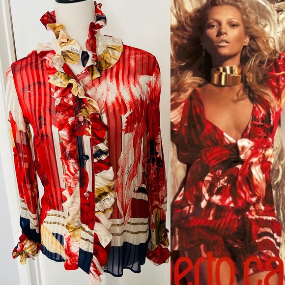 NWT Vintage '06 Roberto Cavalli Silk red blue Mousseline Ruffled Blouse Sz S - Picture 1 of 13